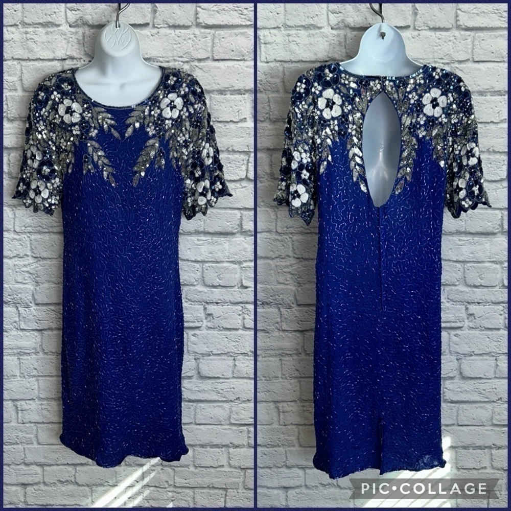 Vintage 80s size 4 Stenay Blue Sequin Beaded 100% Silk Formal Fancy Dress